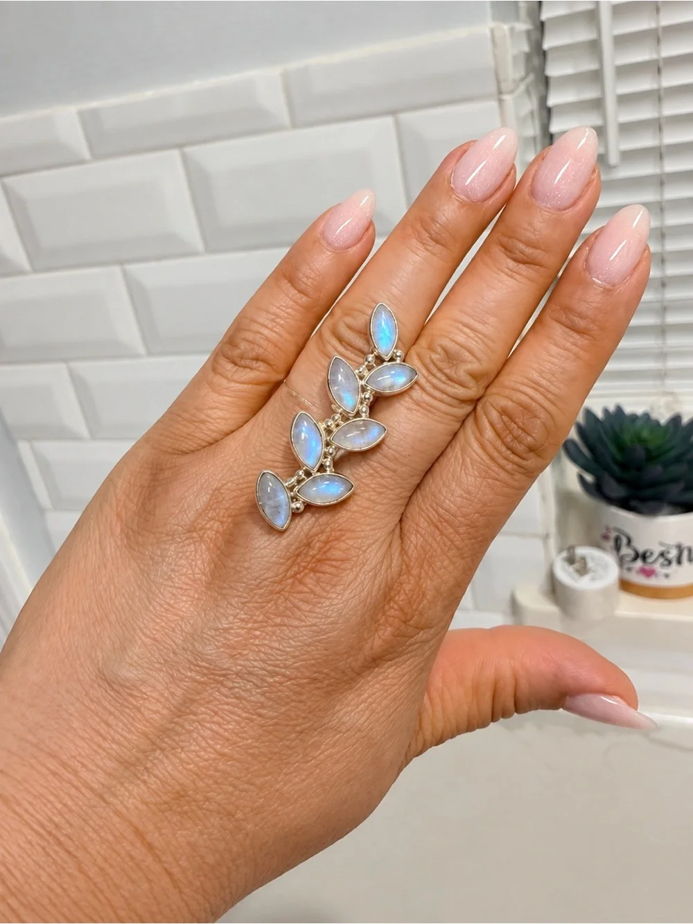 Sterling Silver Marquise Moonstone Cluster Ring - Blue Flash